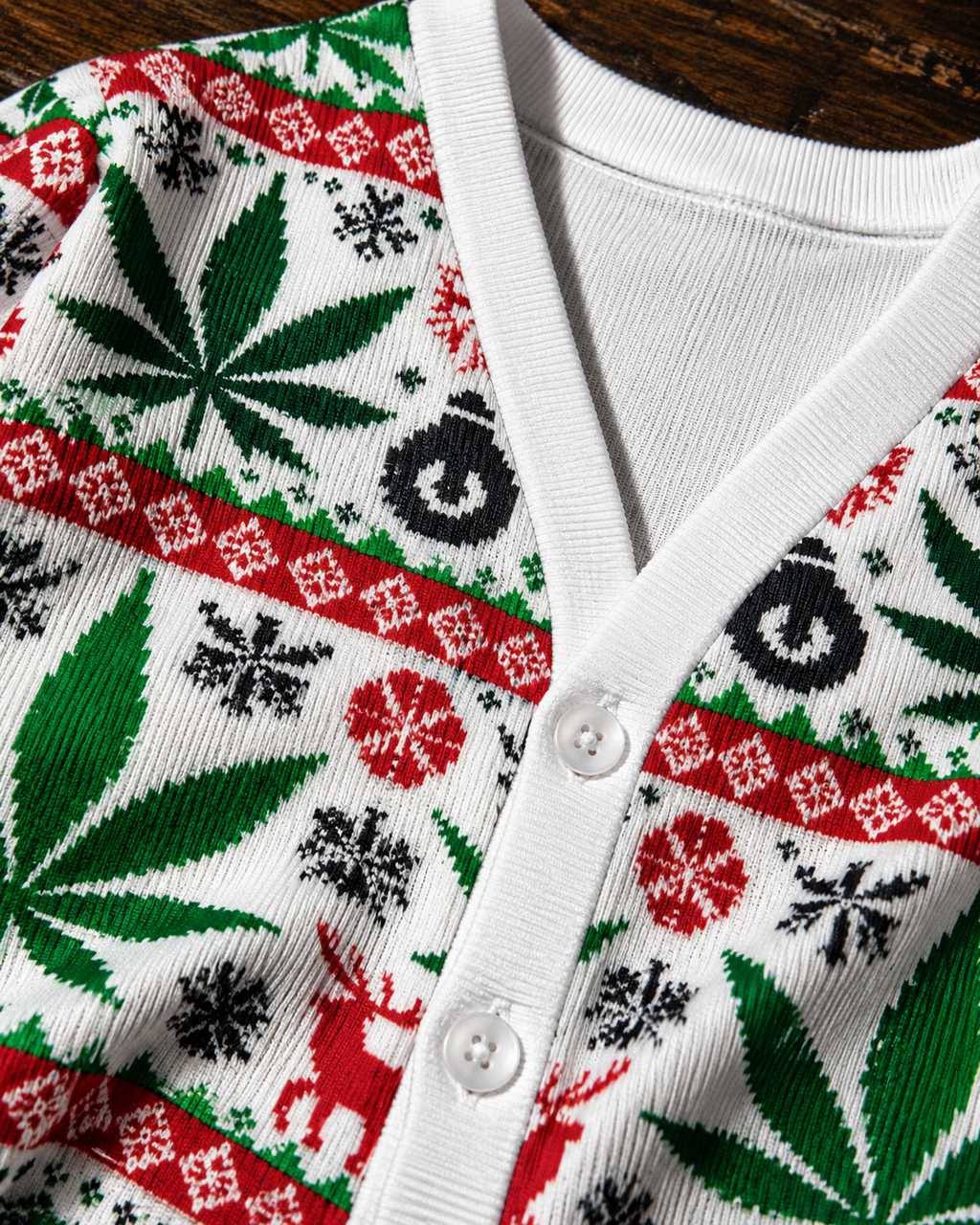 Dope Christmas Cardi ribbed fabric, white buttons and red-and-green Herb-print detail