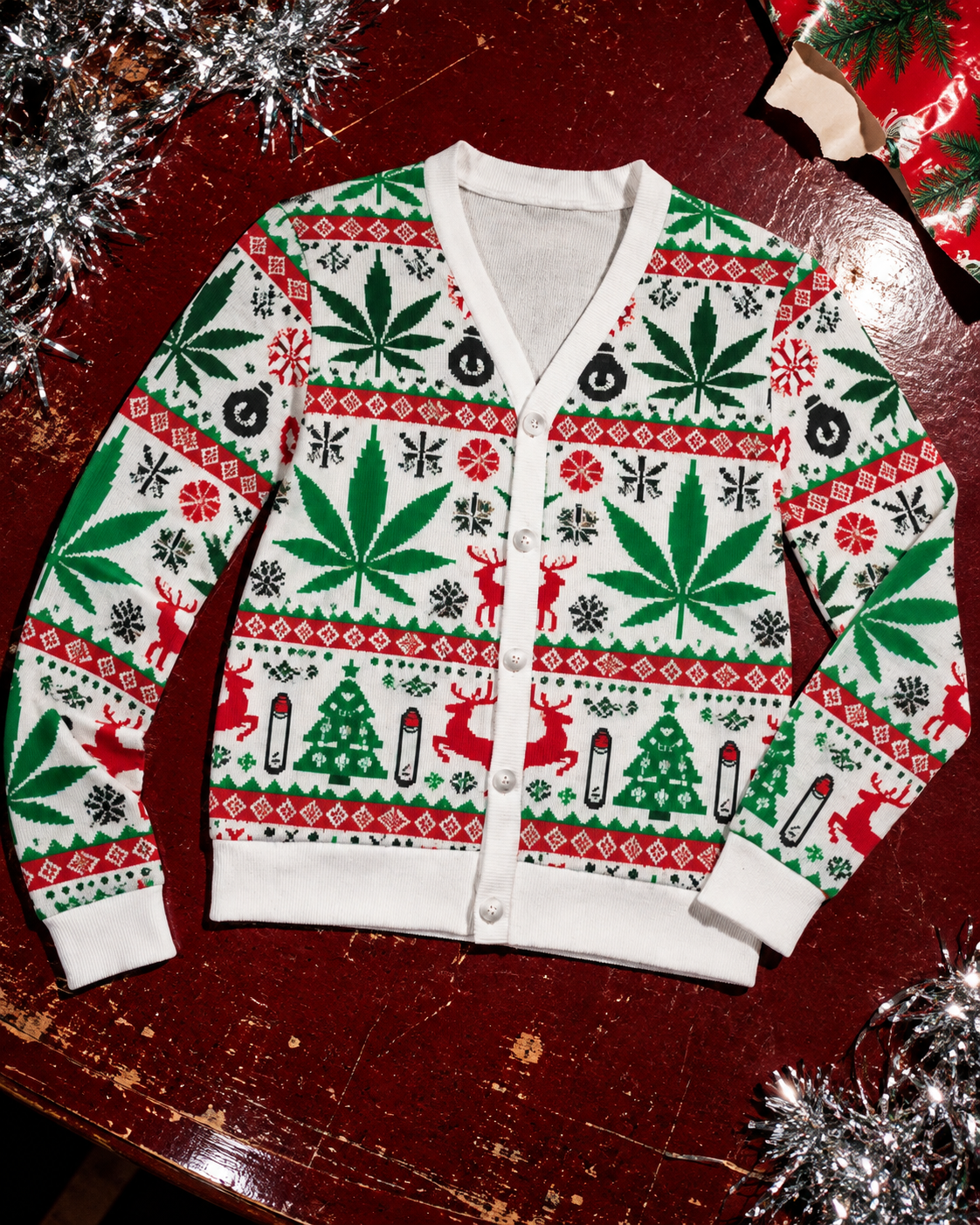 Dope Christmas Cardi full front view showing the five-button closure, V-neck, white cuffs and festive Herb print