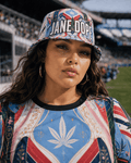 Jane Dope all-over print lifestyle editorial shot on model