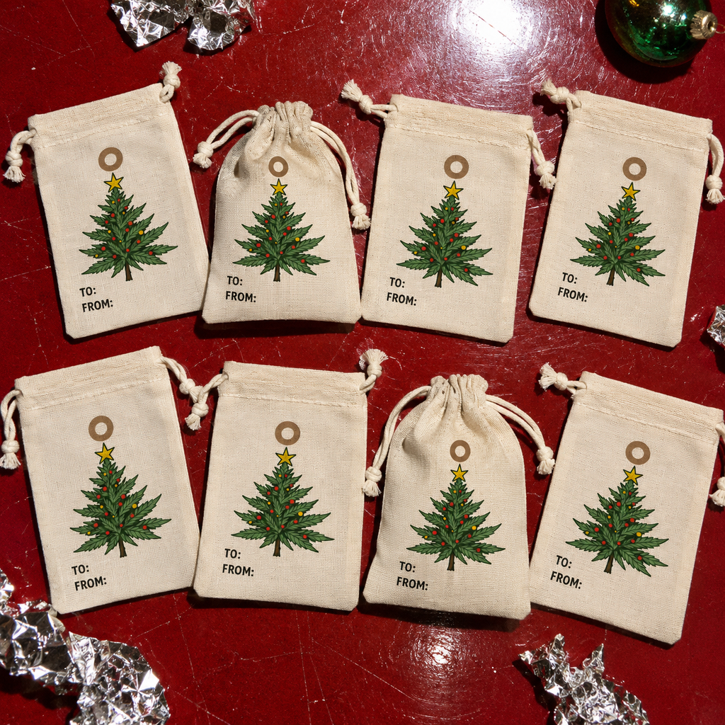 Eight Dope Holidays drawstring gift bags laid out on a red surface, showing the matching Herb tree print and TO/FROM labels.