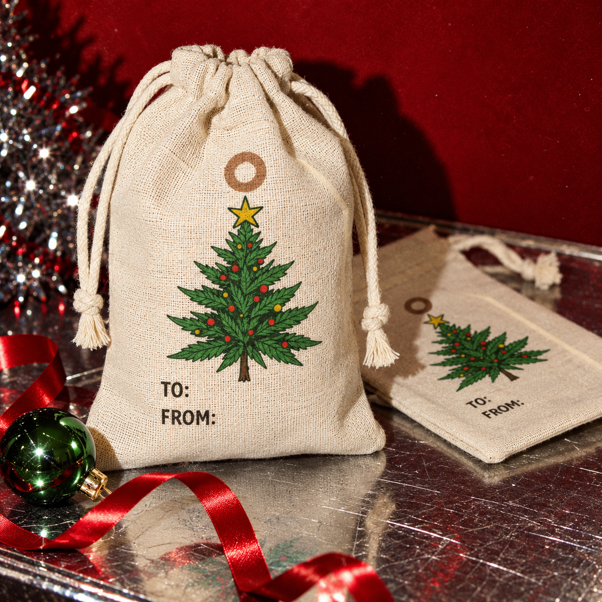 Close view of the Dope Holidays gift bag's woven fabric, drawstring closure and printed Herb tree with TO/FROM label.
