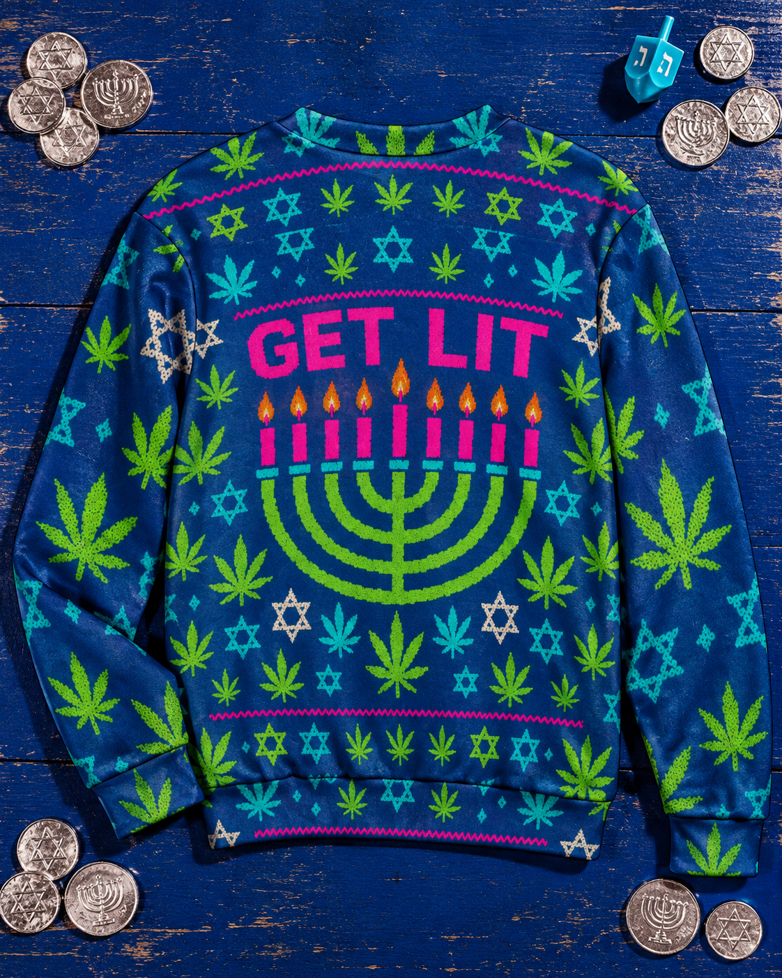 Back view of the Get Lit Hanukkah sweatshirt laid flat, showing the matching pink lettering and green menorah artwork.