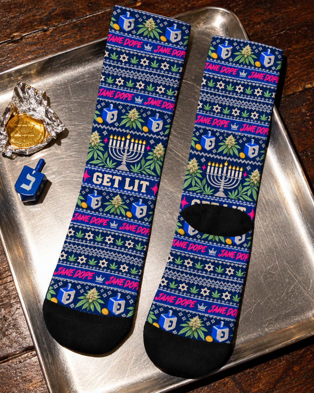 Get Lit Hanukkah crew socks showing the black heel and toe, menorah print and pink Jane Dope lettering.