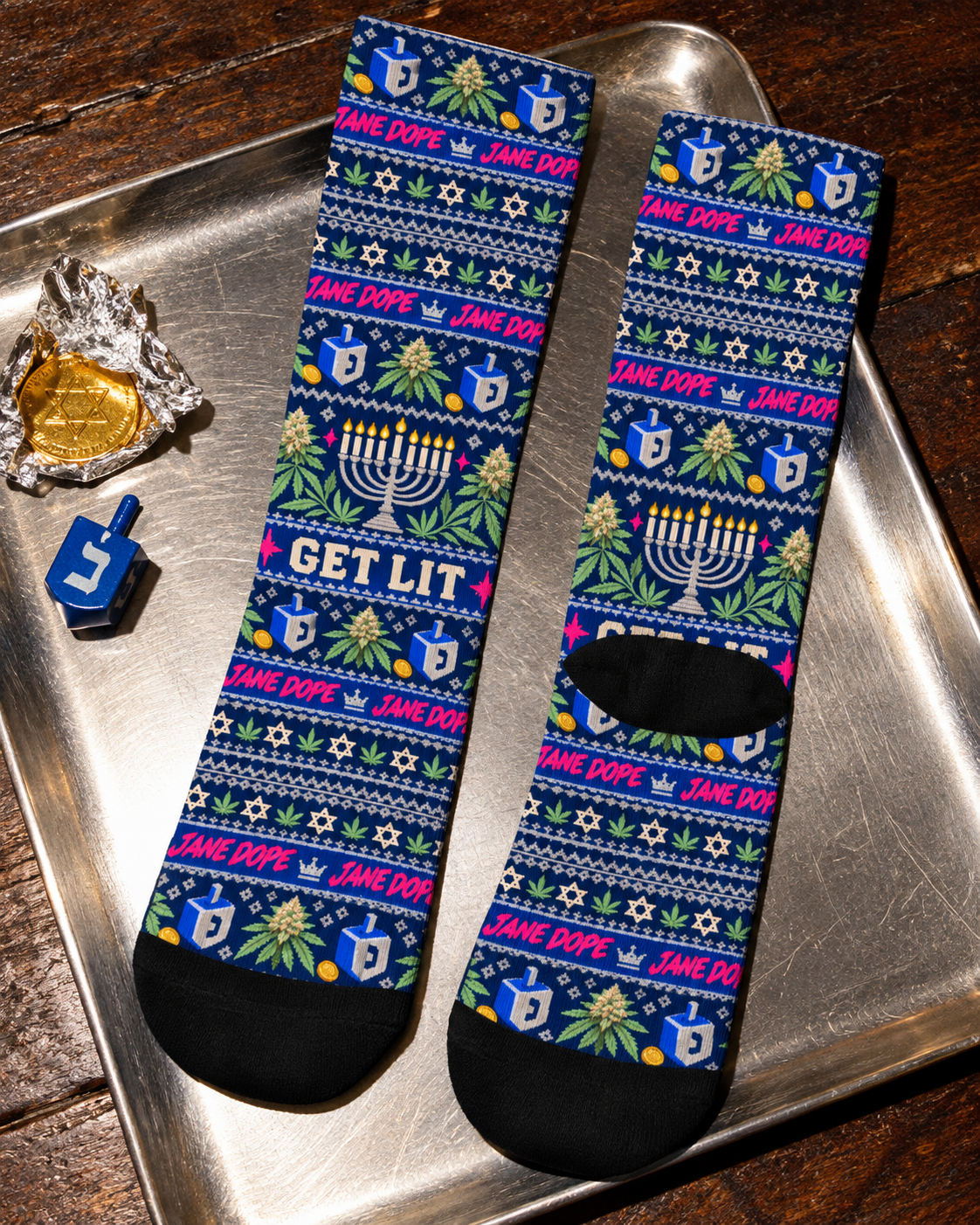 Get Lit Hanukkah crew socks showing the black heel and toe, menorah print and pink Jane Dope lettering.