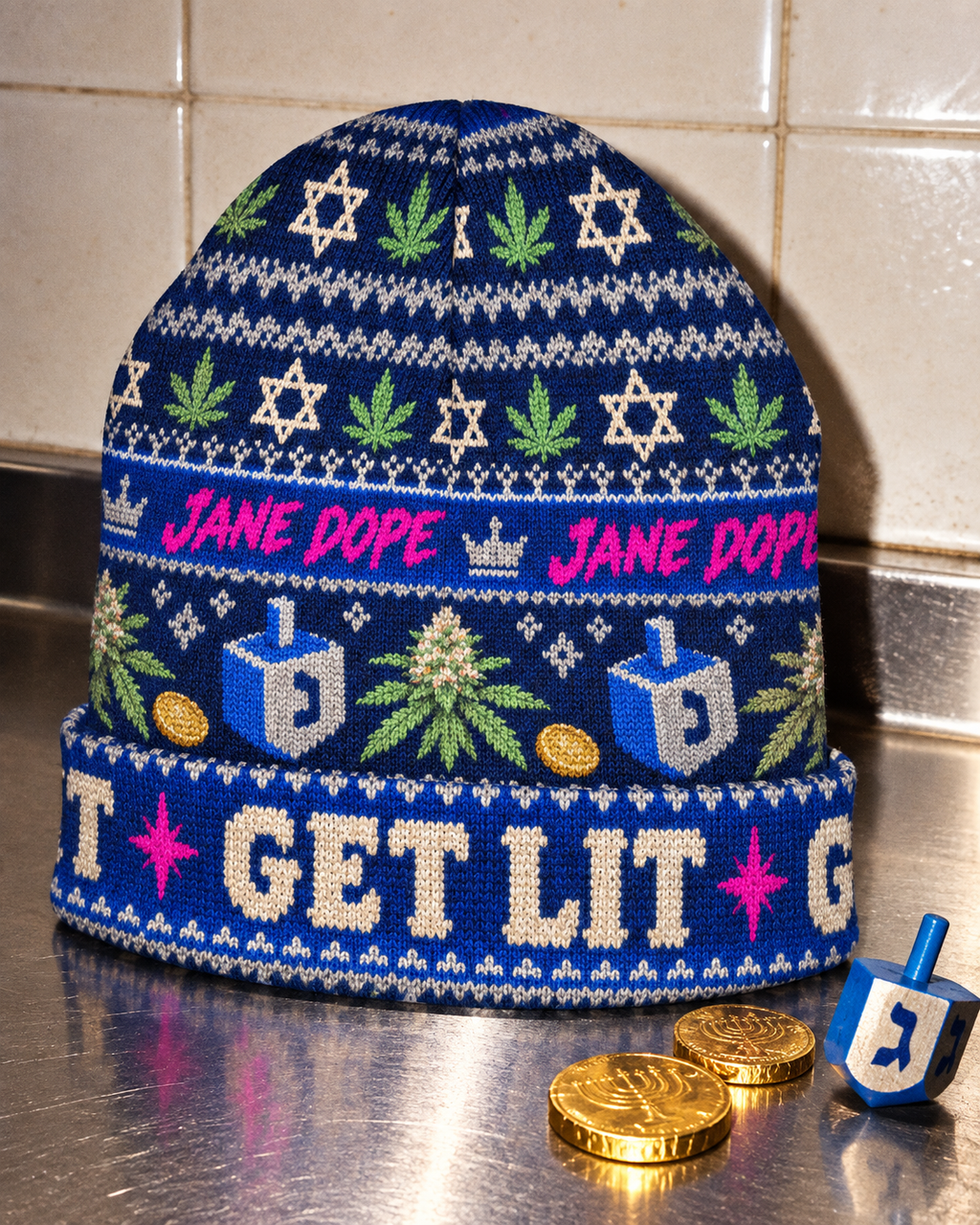 Get Lit Hanukkah beanie with folded cuff, dreidels, Stars of David and green Herb print