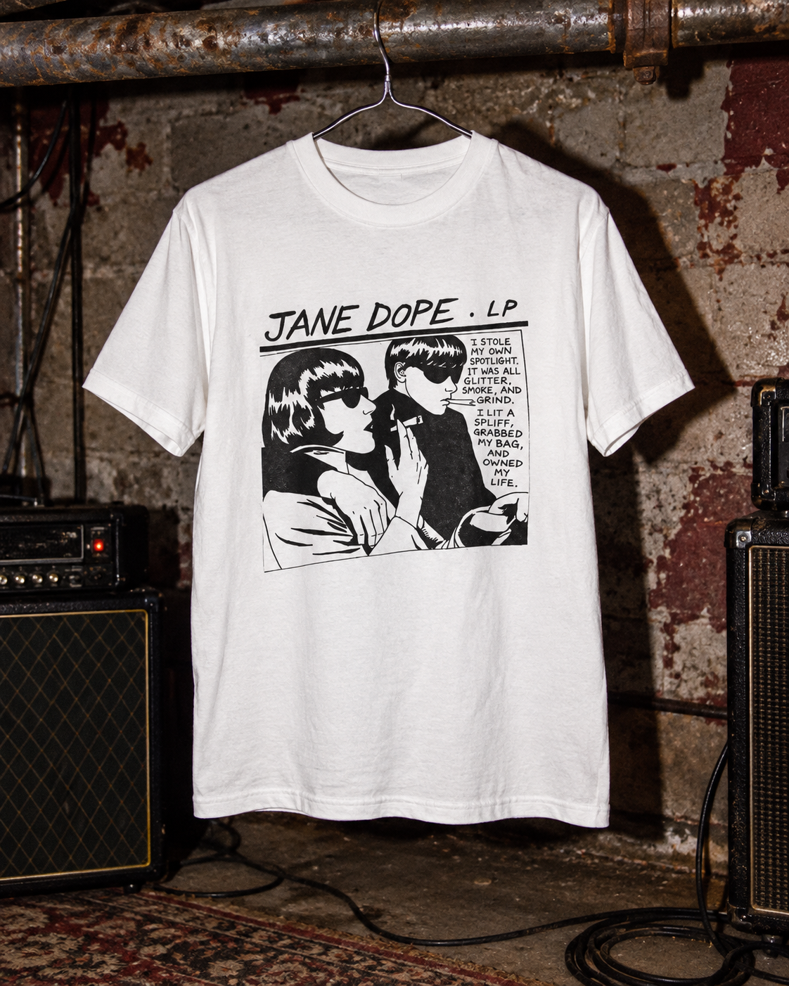 GOO T Rock T-Shirt full front graphic on white cotton in a rehearsal room