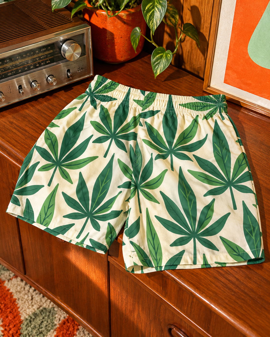 Jane Dope Grass boxers cotton poplin print and gathered waistband beside a vintage radio