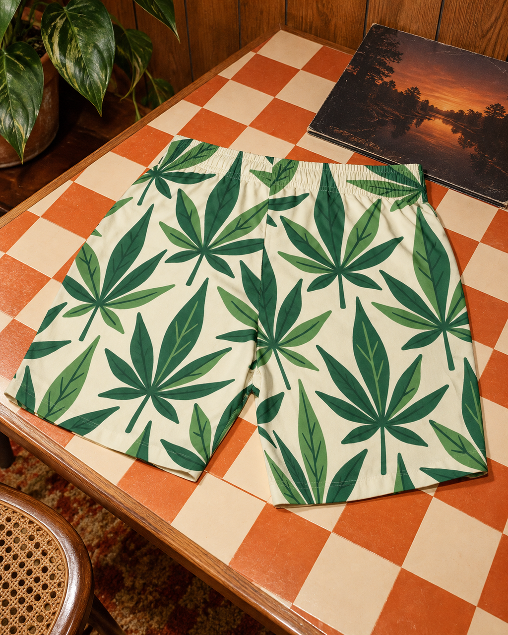 Jane Dope Grass boxers rear view laid on an orange checkerboard table