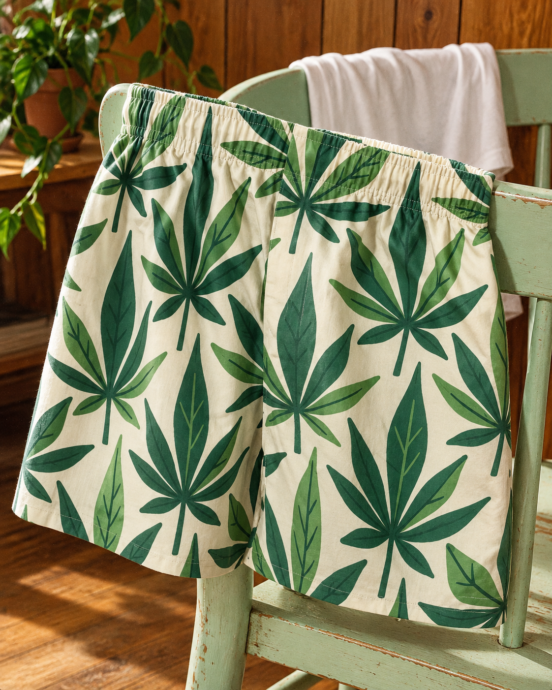 Jane Dope Grass boxers gathered elastic waistband and green leaf print on a mint chair