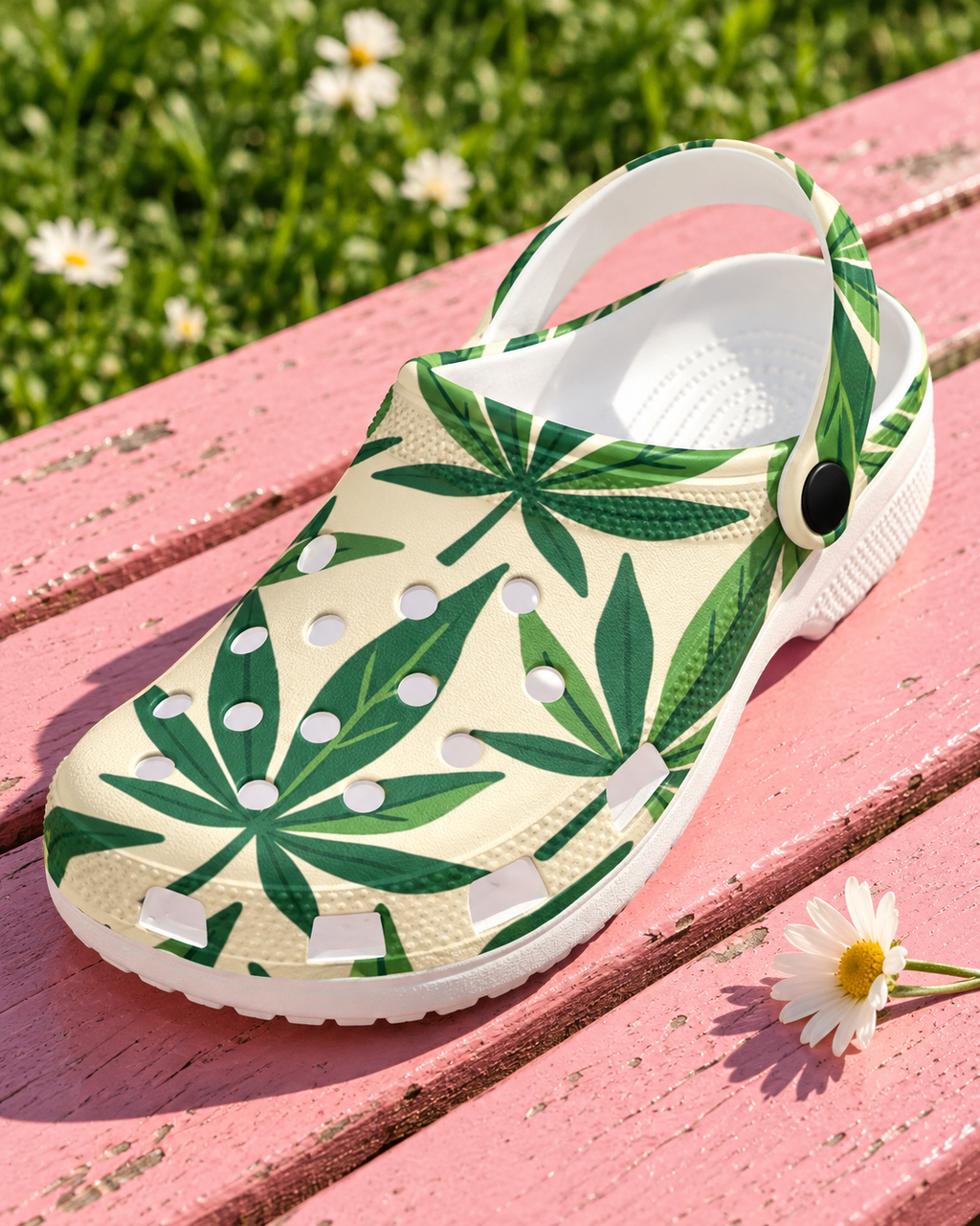 Grass Clogs editorial detail showing botanical print, ventilation holes, heel strap and white sole on a pink bench.