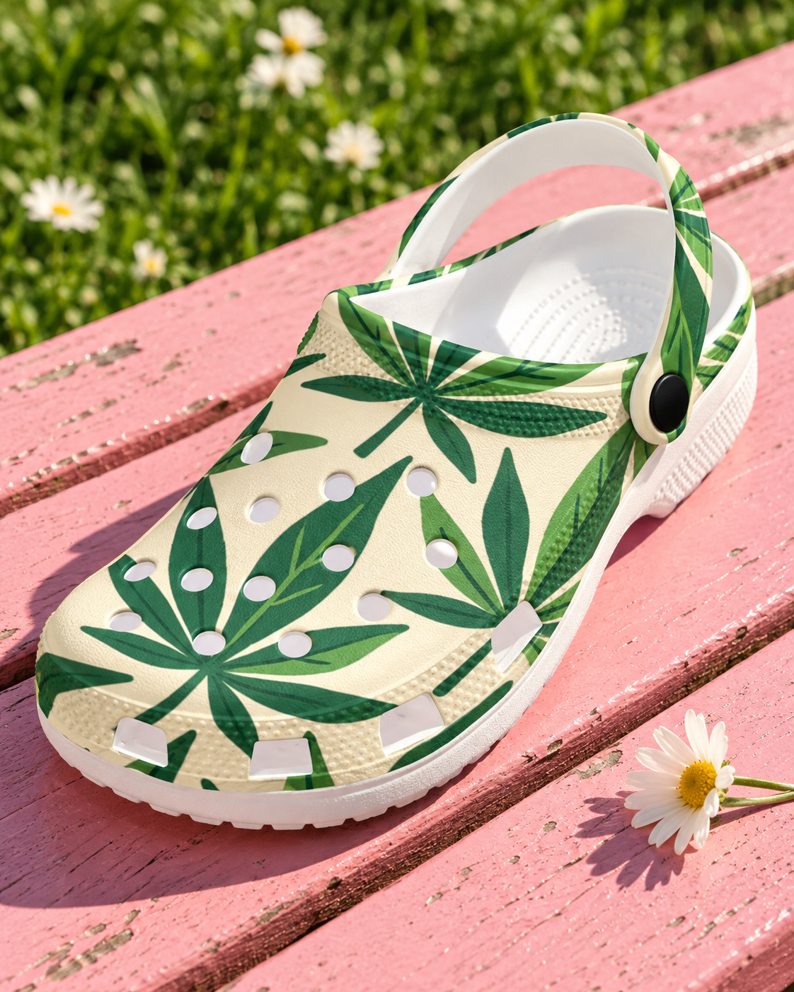 Grass Clogs editorial detail showing botanical print, ventilation holes, heel strap and white sole on a pink bench.