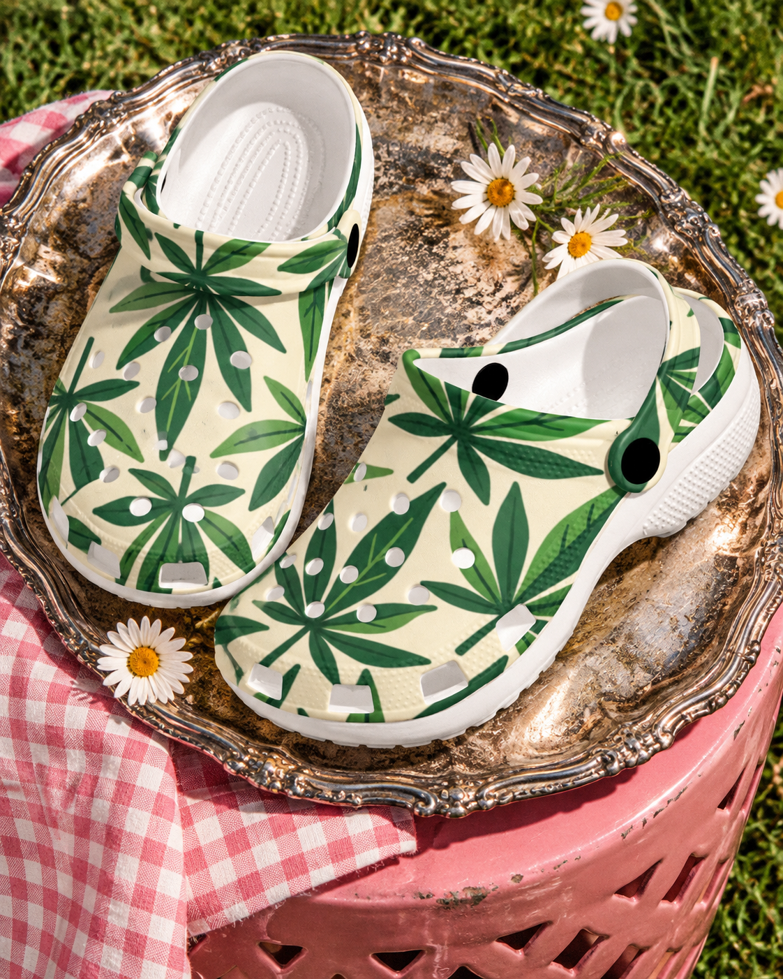 Grass Clogs editorial still life, cream and green leaf-print pair on a silver tray with daisies and pink gingham.