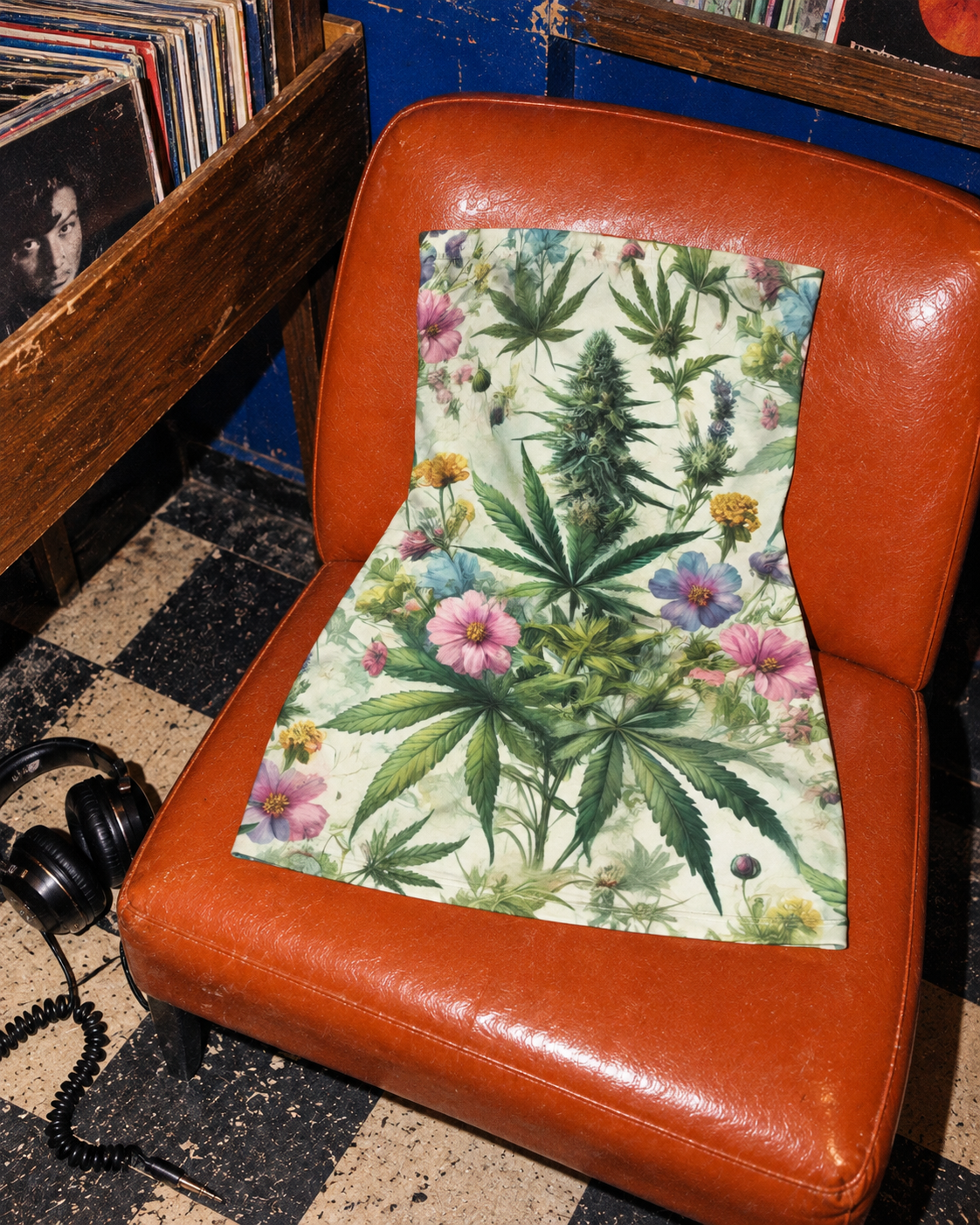 HER.B Garden long tube top laid on an orange listening chair, showing the full botanical artwork.