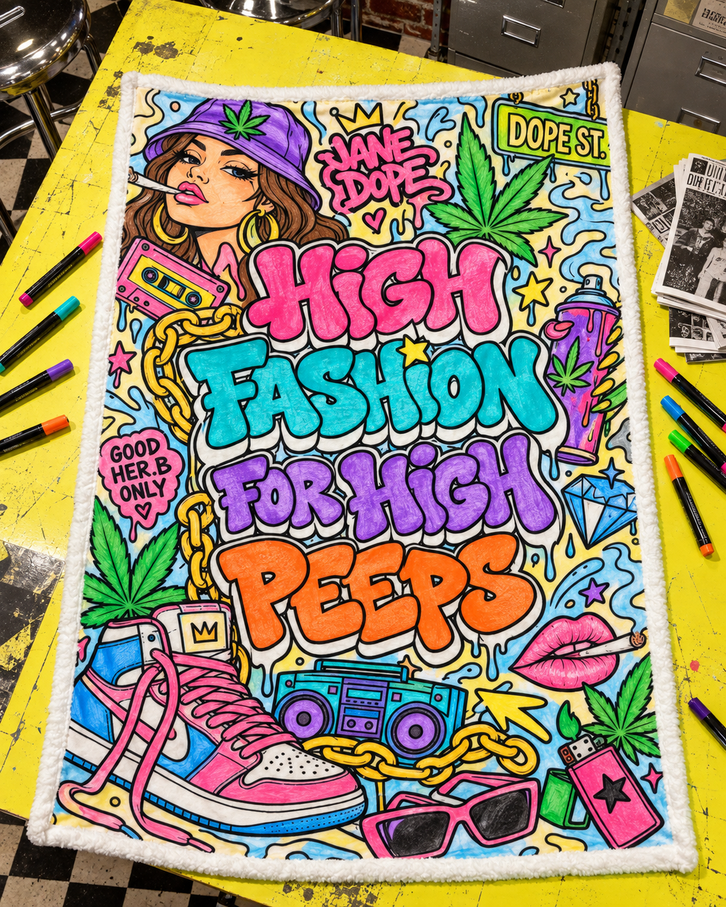 Fully coloured High Fashion blanket inspiration example in pink, turquoise, violet, orange and green; blanket arrives uncoloured