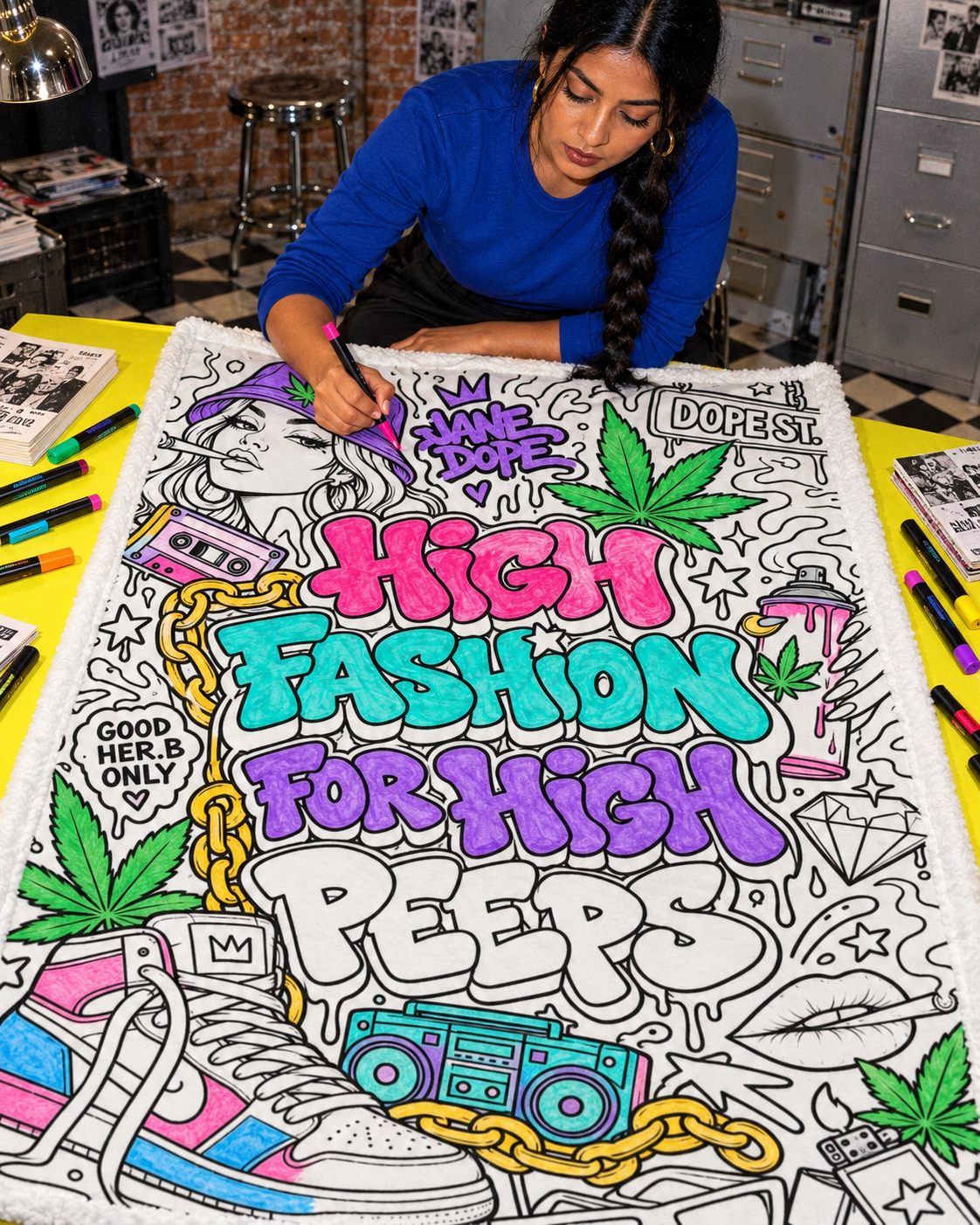 High Fashion blanket colouring inspiration with an adult adding marker colour to the partly coloured artwork; supplied uncoloured