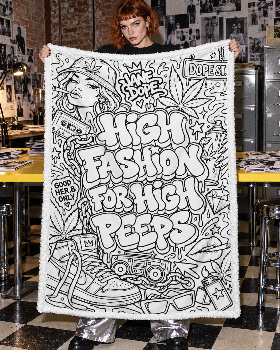 High Fashion colouring blanket held open by an adult model in a zine workroom, showing the uncoloured artwork