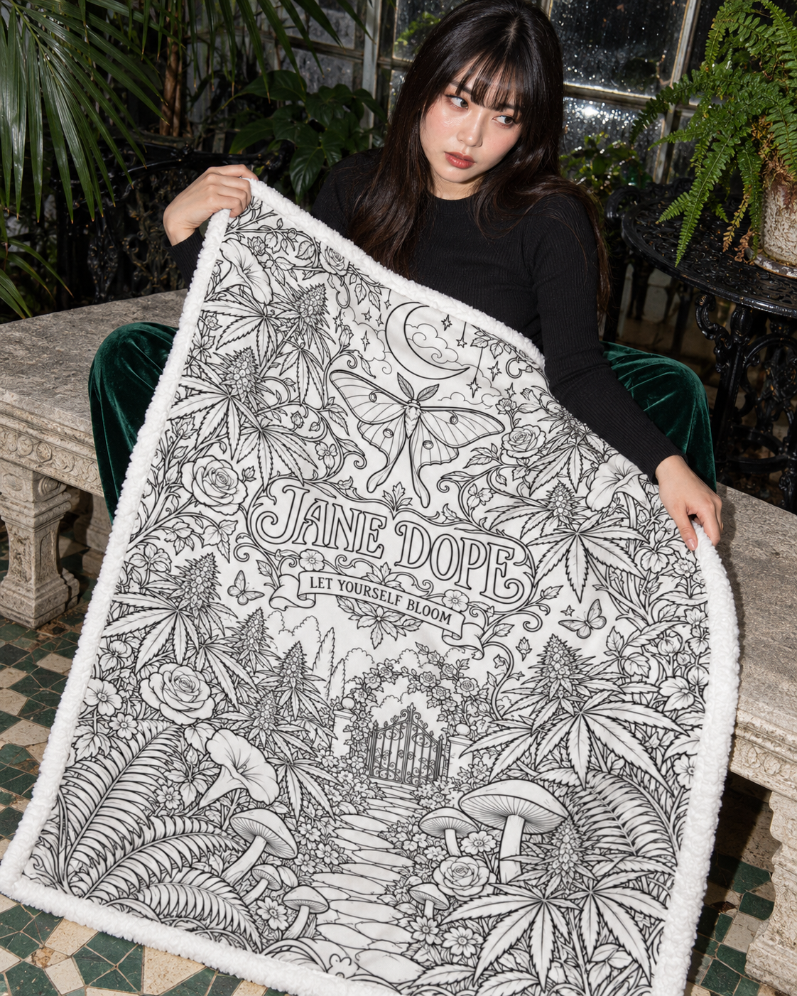 Adult model with the uncoloured JD Magic blanket across her lap, showing the moth, lettering and stitched fleece edge