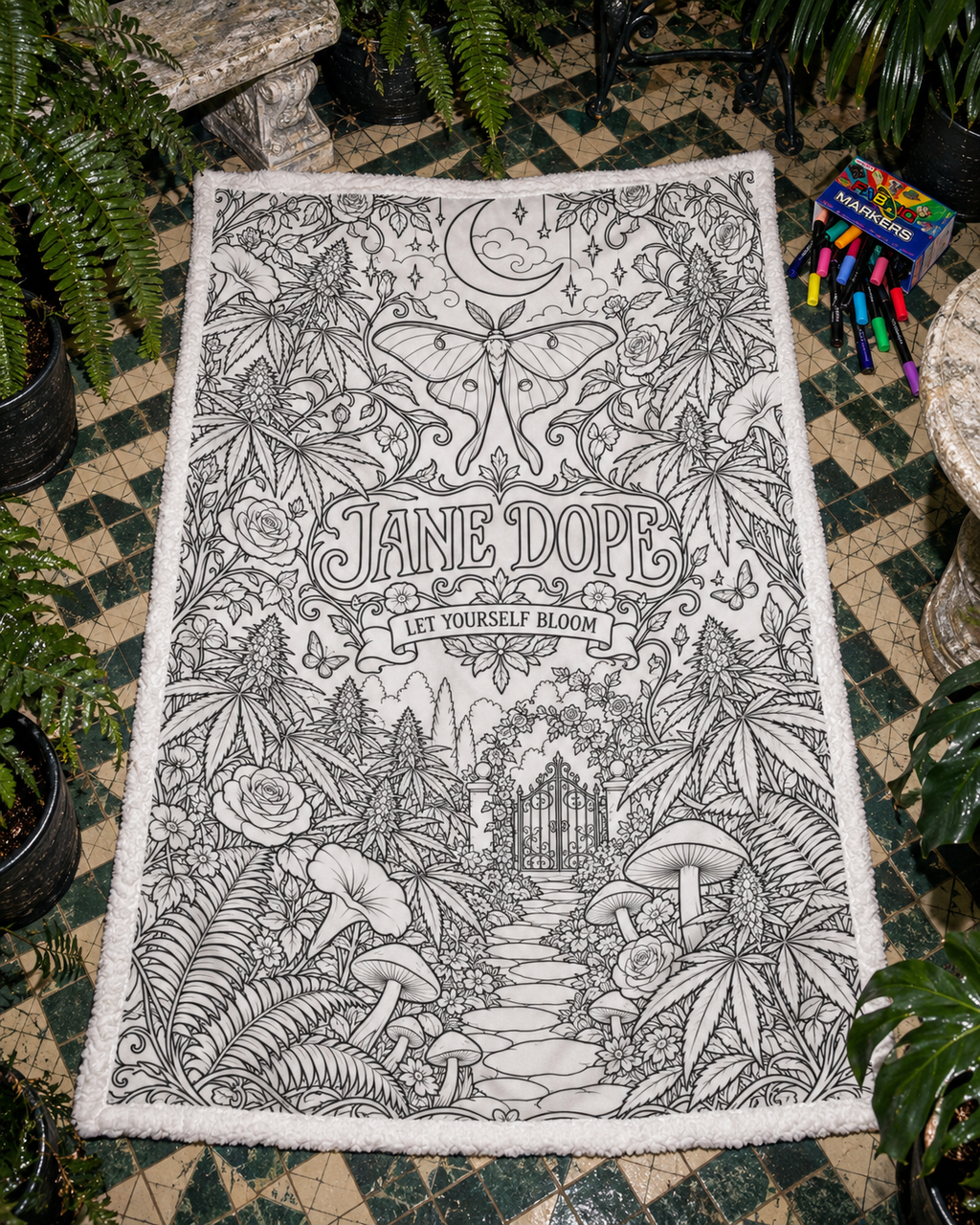 Whole uncoloured JD Magic 100 by 150 centimetre blanket with the included 24-colour fabric-marker set