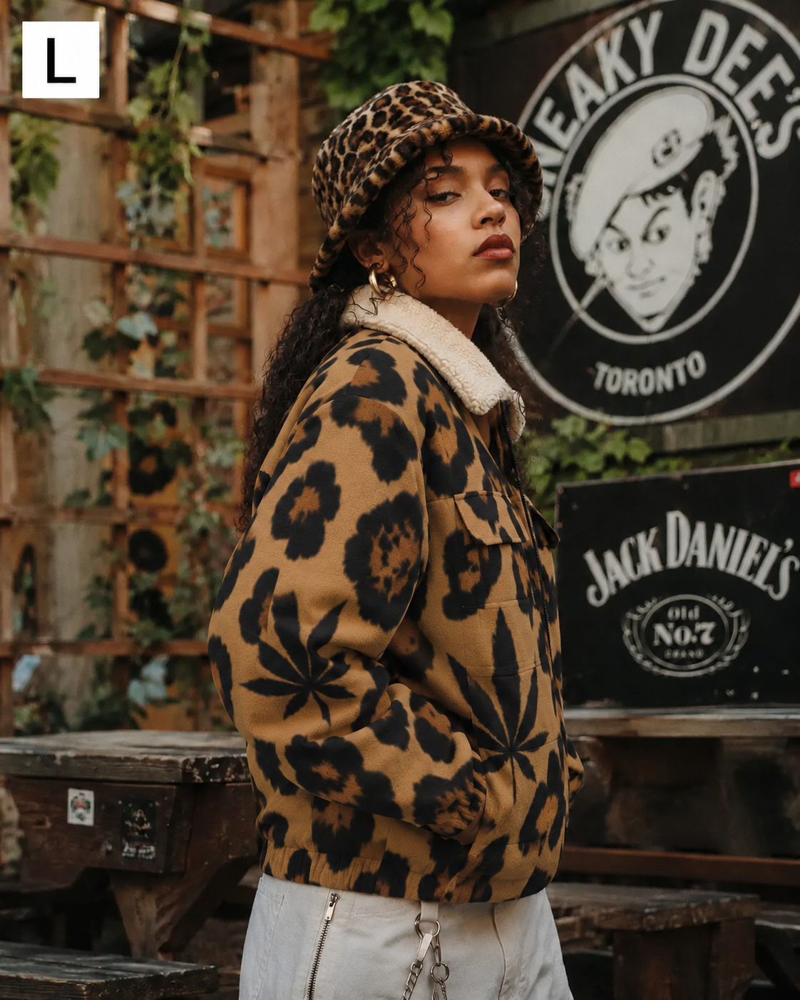 Side view of Jane Dope leopard-and-leaf jacket on model in L, with sherpa collar