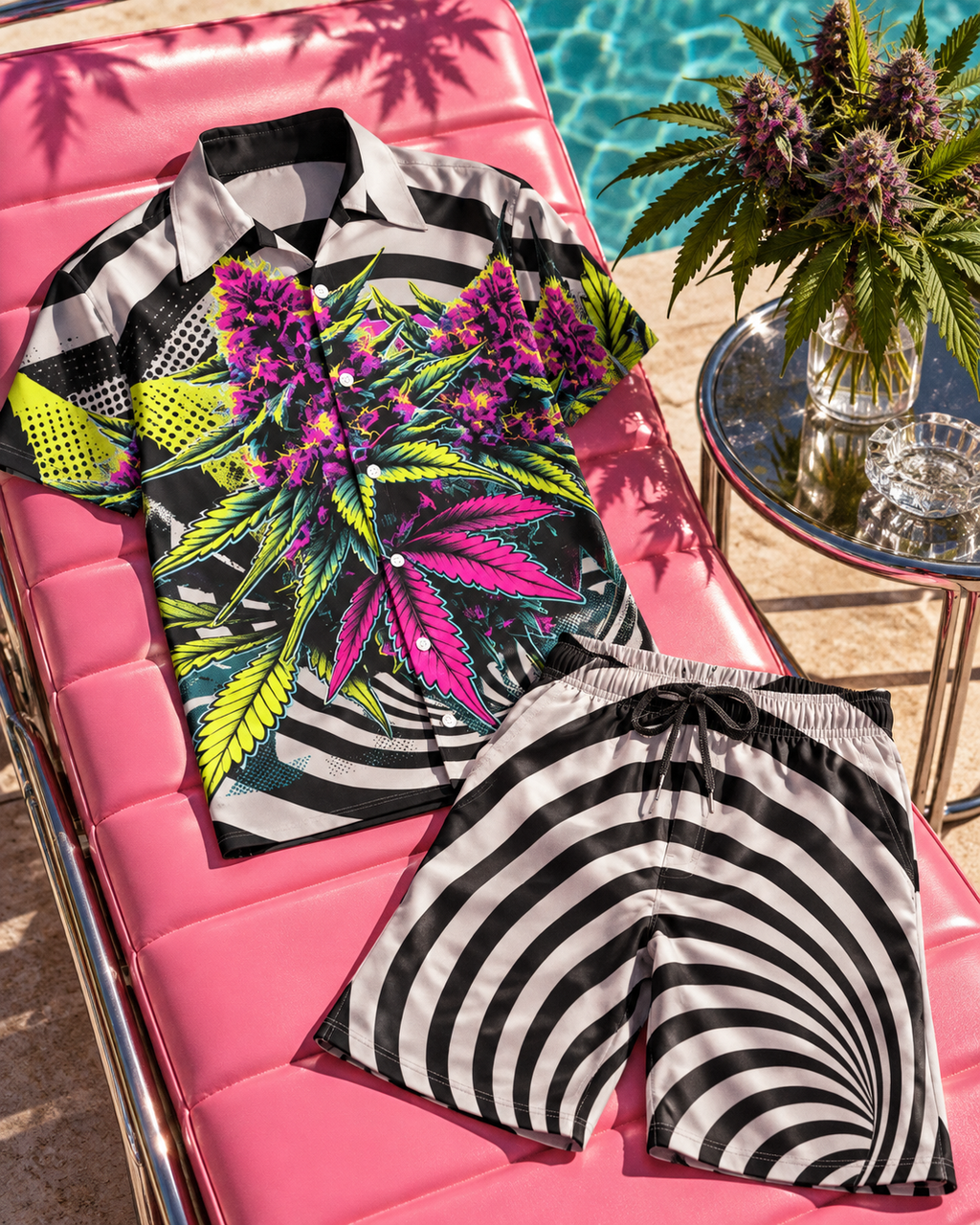 LIT shirt button placket, collar and matching shorts arranged on a pink lounger