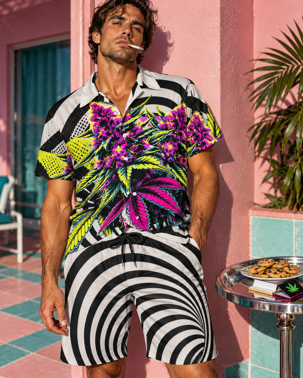LIT optical-print shorts showing elastic waistband and black drawstring