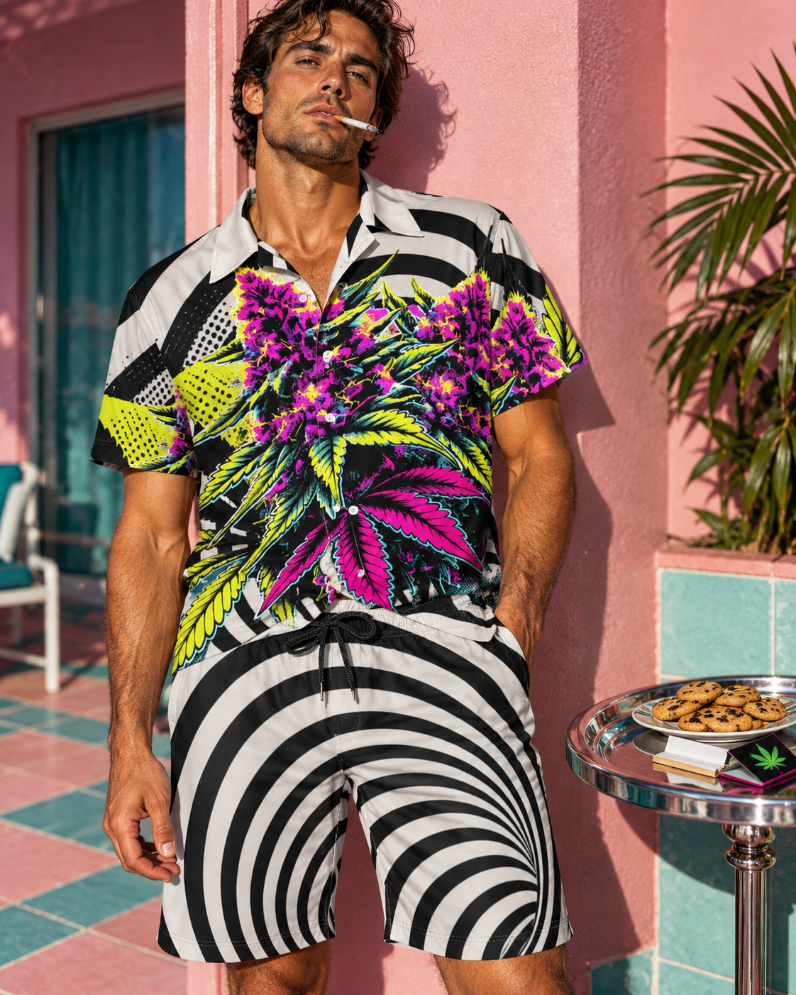 LIT optical-print shorts showing elastic waistband and black drawstring