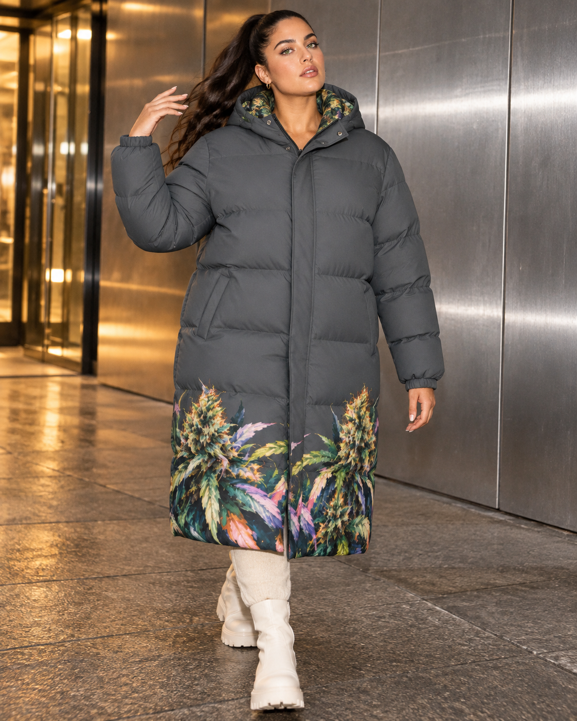 Size 2XL charcoal long down jacket fit with botanical hem, full garment view