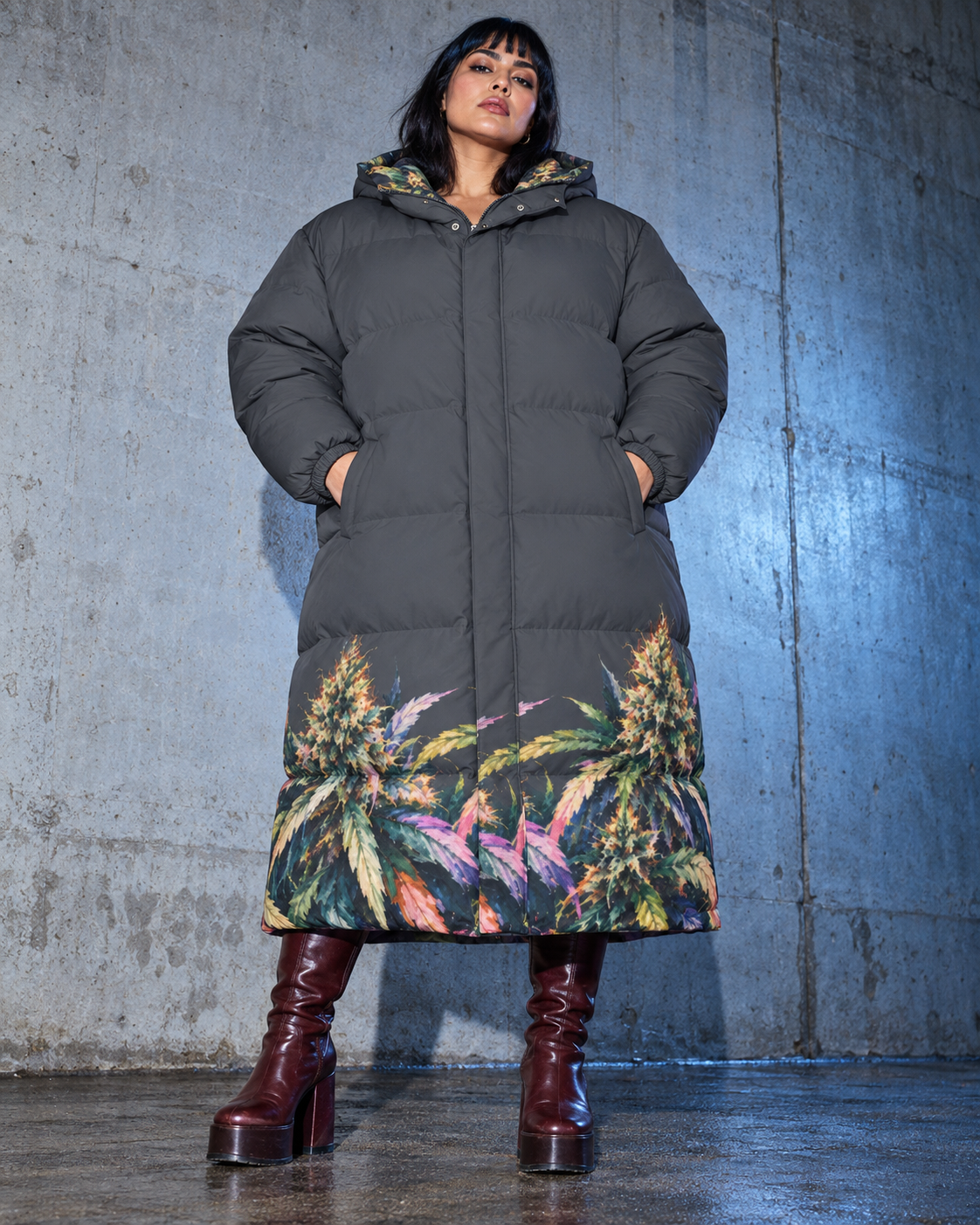 Size 3XL charcoal long down jacket fit with botanical hem, full garment view