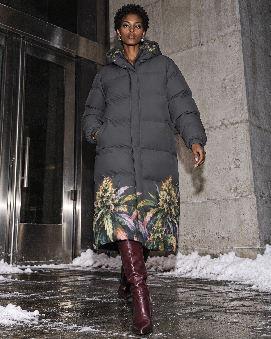 Long charcoal down jacket worn with the full botanical hem visible outside a concrete arts building