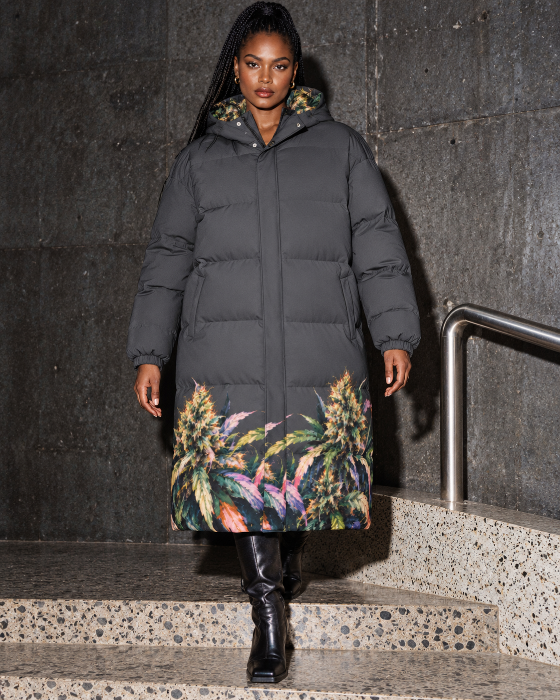Size L charcoal long down jacket fit with botanical hem, full garment view