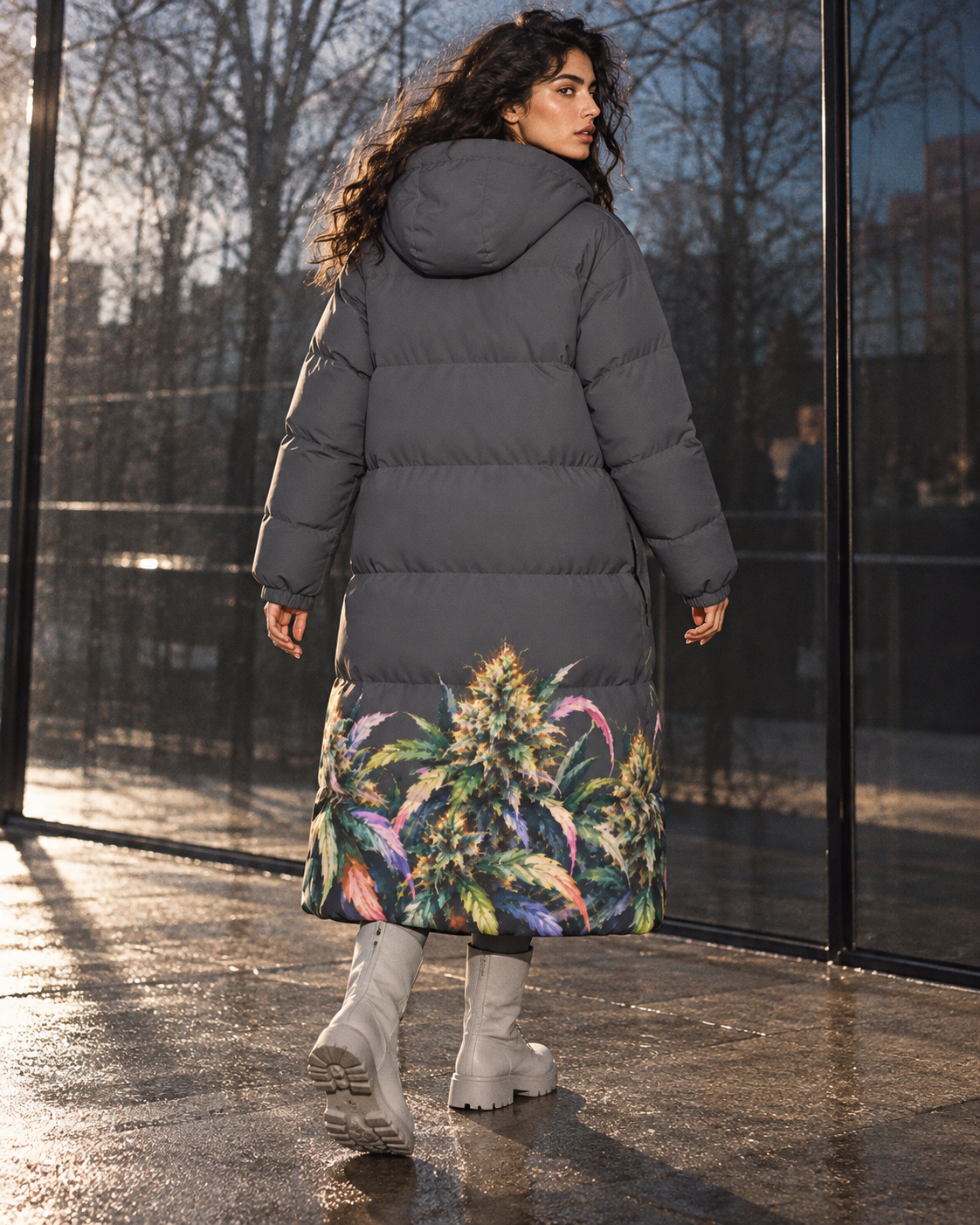 Size M charcoal long down jacket fit, rear view showing central botanical bud at the hem