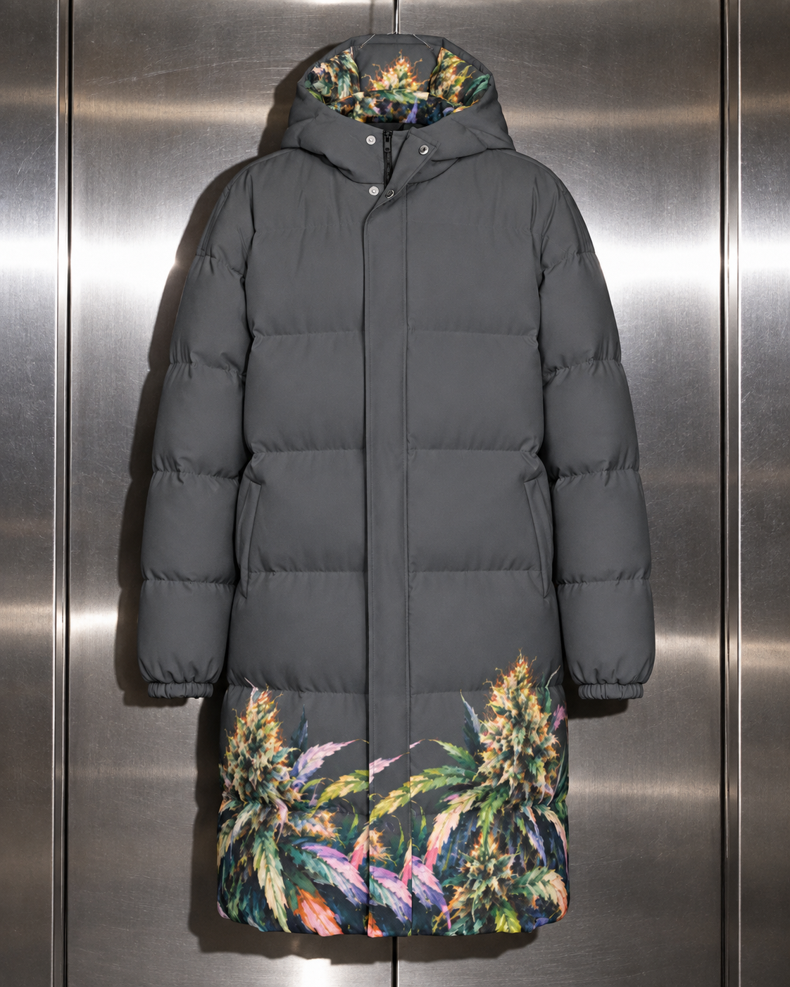 Charcoal long down jacket with painterly Herb botanical hem and printed hood interior, full front view