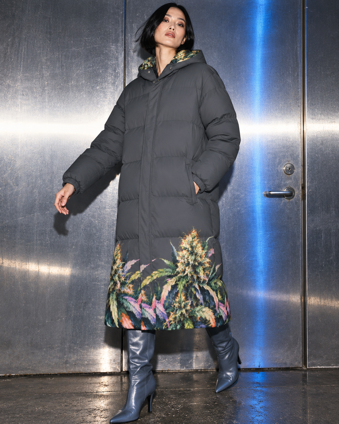 Size S charcoal long down jacket fit with botanical hem, full garment view
