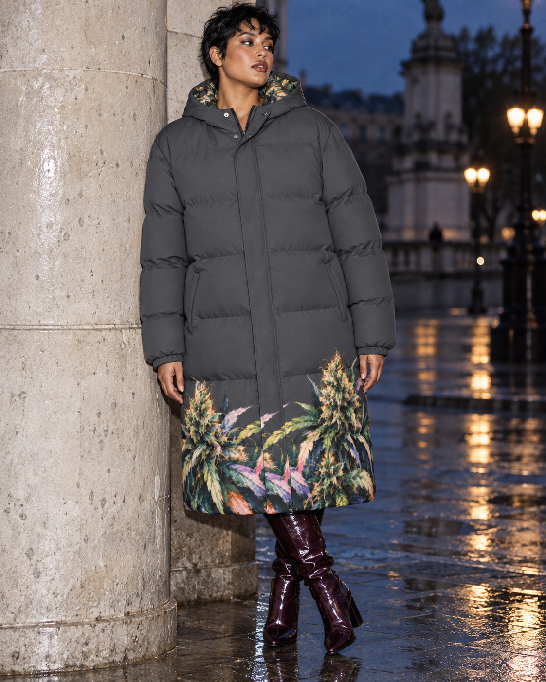 Size XL charcoal long down jacket fit with botanical hem, full garment view