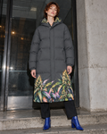 Size XS charcoal long down jacket fit with botanical hem, full garment view