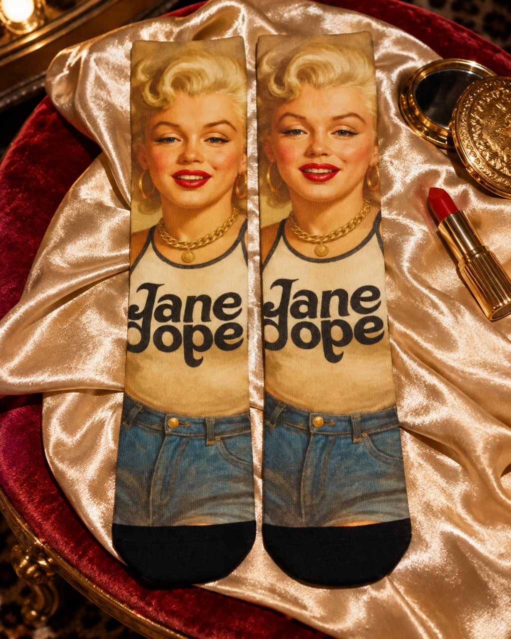 Pair of Monroe socks on champagne satin showing the full portrait and Jane Dope print