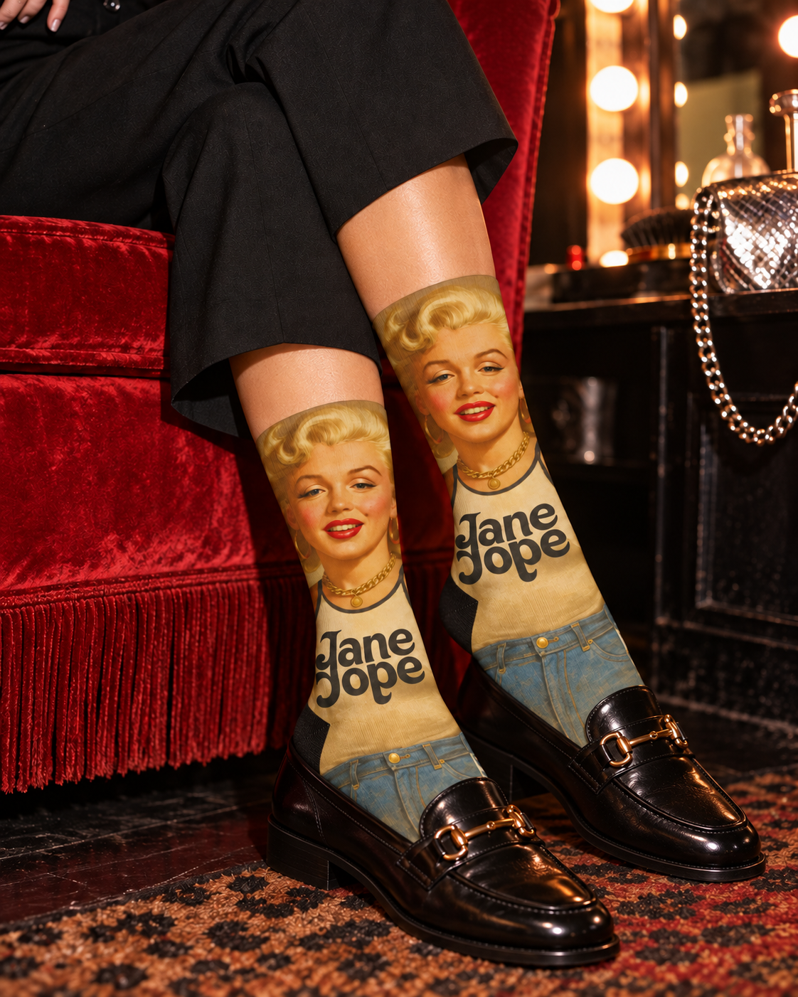 Monroe socks styled with black loafers and cropped trousers at a vanity