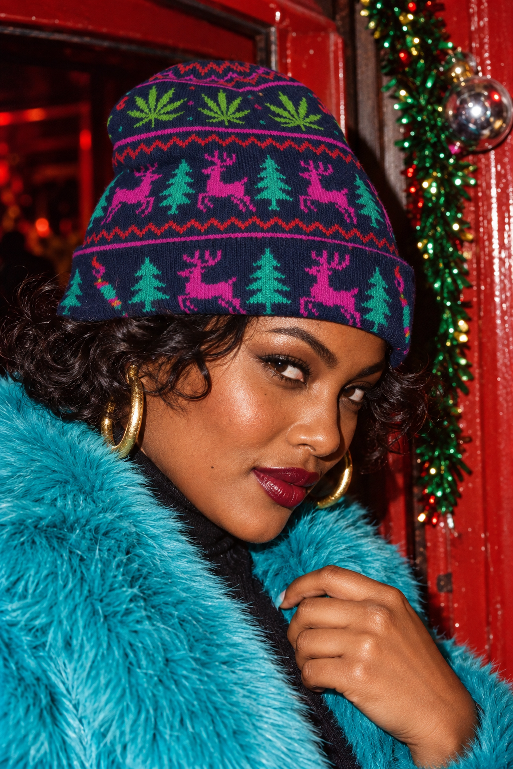 Neon Xmas Beanie close portrait with a turquoise jacket and silver holiday ornaments