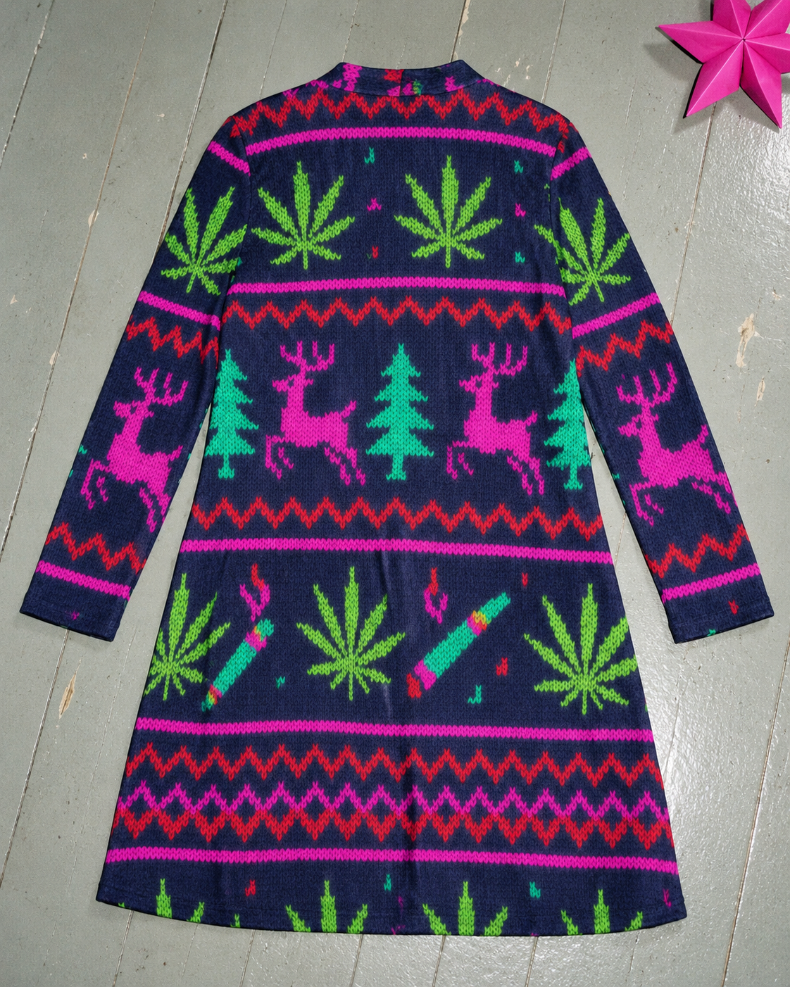 Back of the Neon Xmas Mid-Length Cardigan with the complete repeating holiday pattern and gently flared hem.