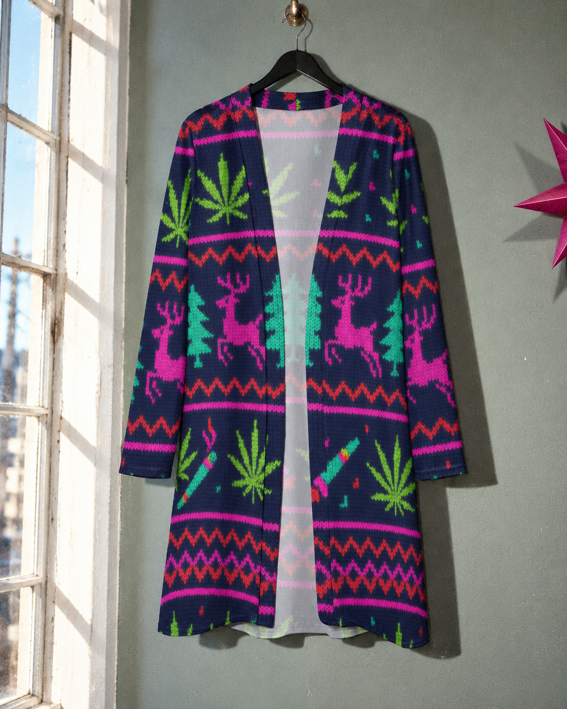 Front of the Neon Xmas Mid-Length Cardigan, showing the open front, long sleeves and full holiday print.