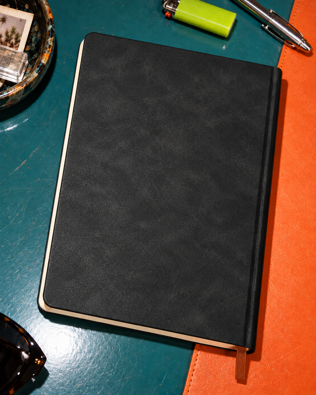 Illustration of the unprinted black back cover of the single-sided Jane Dope notebook. AI editorial illustration; props not included.