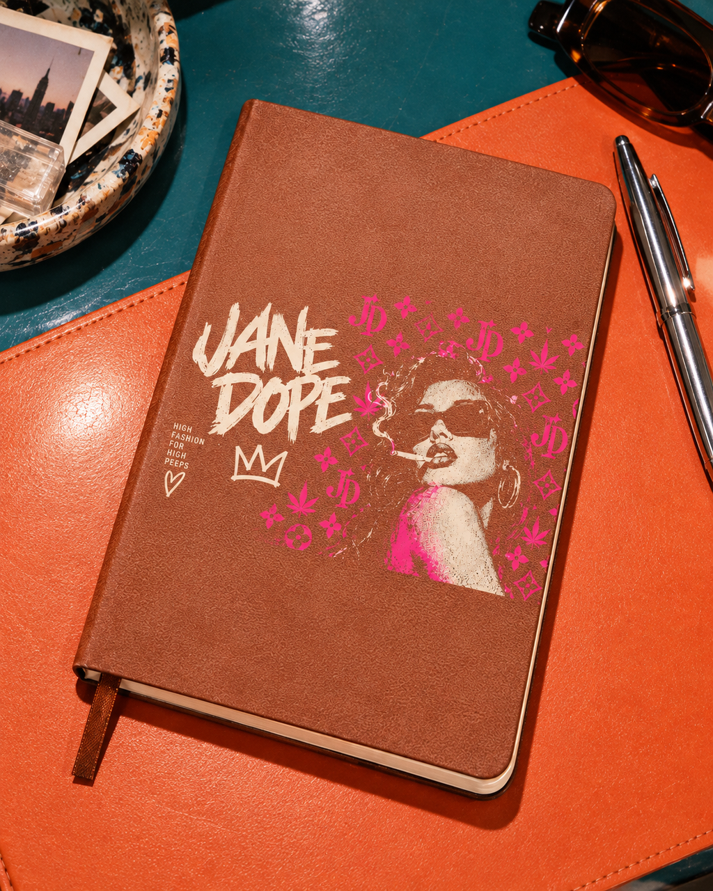 Jane Dope graphic hardcover notebook in earthy brown, front cover on a teal and orange desk. AI editorial illustration; props not included.