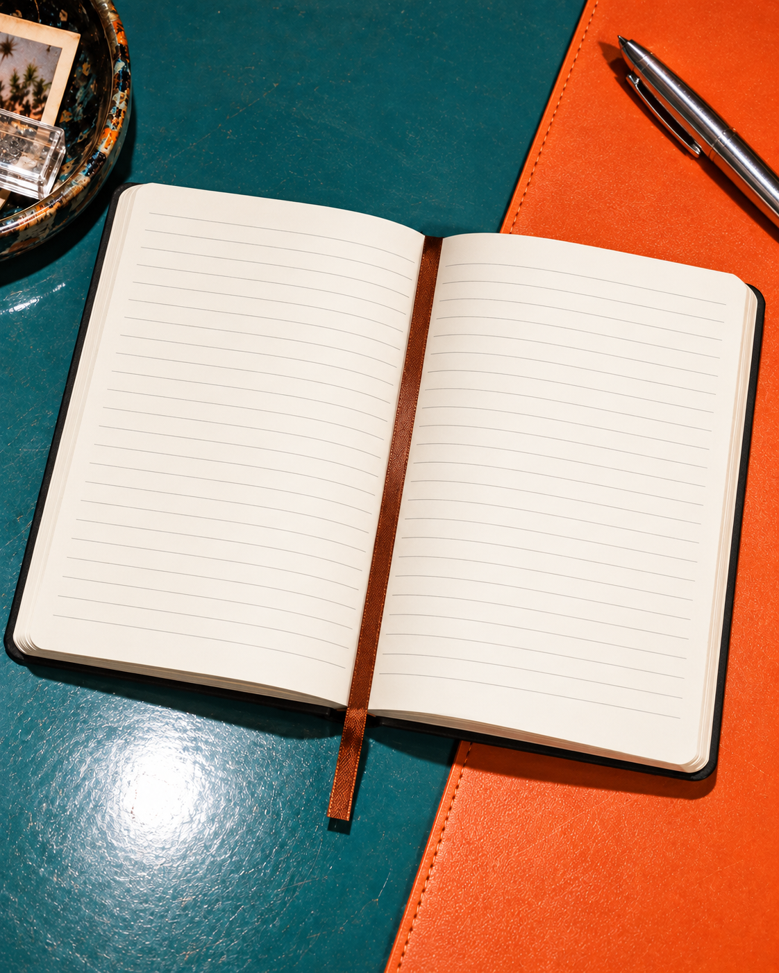 Open Jane Dope notebook showing lined pages and a brown ribbon bookmark on a teal and orange desk. AI editorial illustration; props not included.