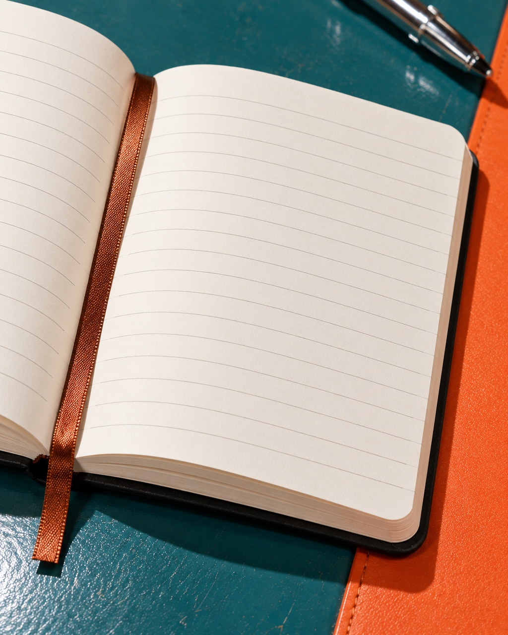Close-up illustration of lined notebook pages and the brown ribbon bookmark. AI editorial illustration; props not included.