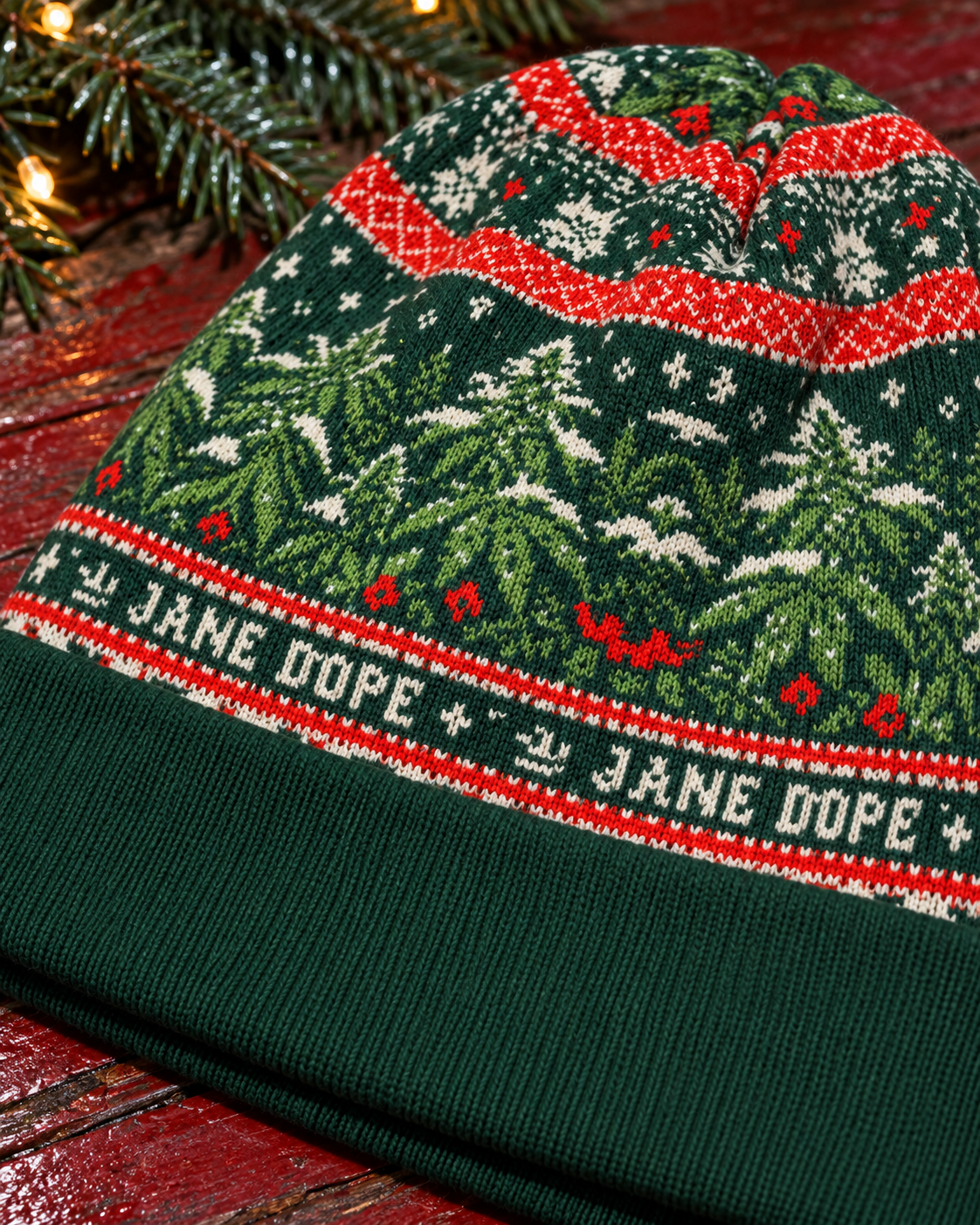 Nugs & Mistletoe Knit Beanie knit detail showing cream JANE DOPE lettering above the plain forest-green ribbed cuff