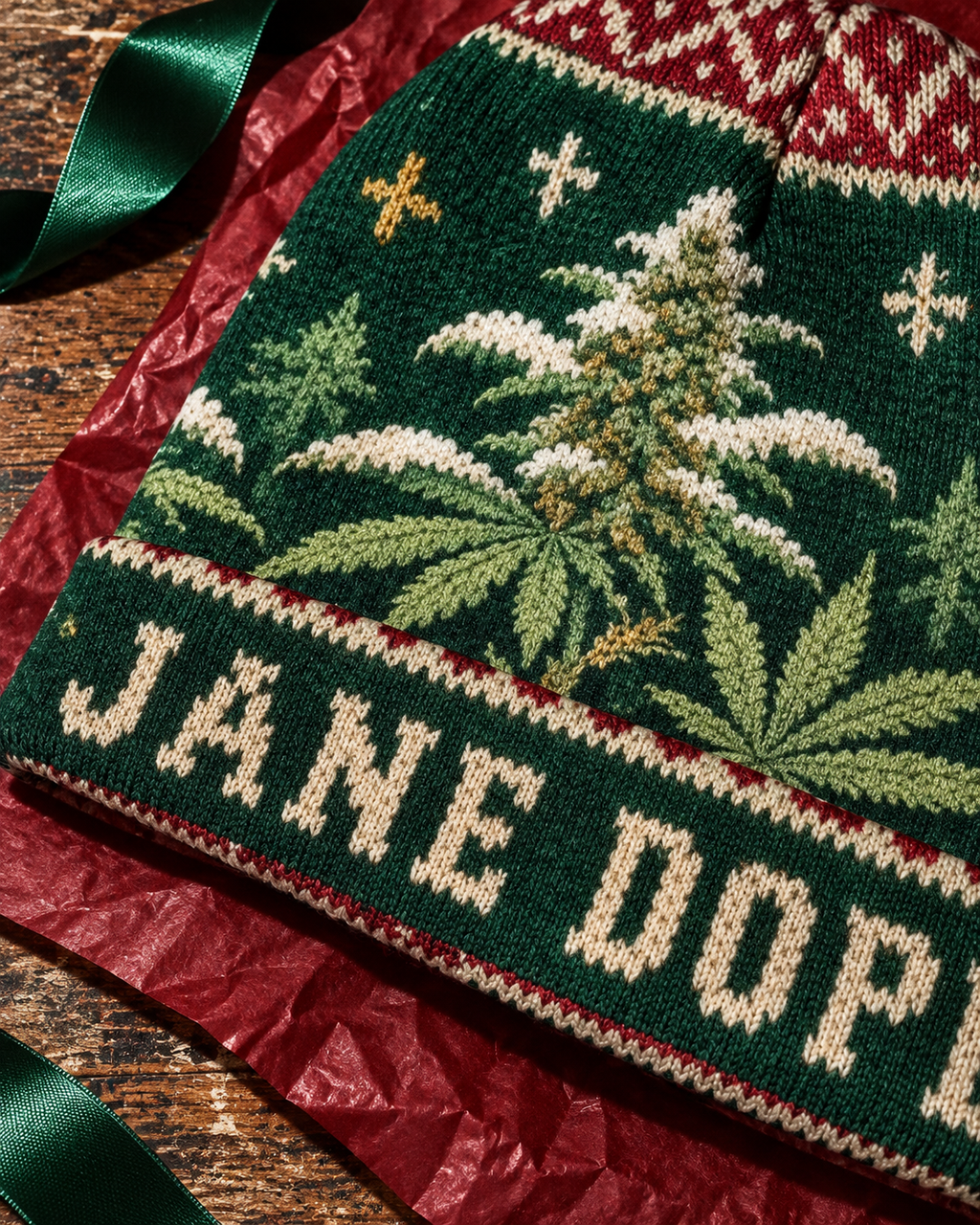 Close-up of the Nugs & Mistletoe beanie's fine knit, snowy Herb print and folded JANE DOPE cuff