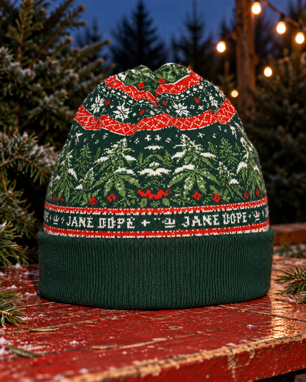 Nugs & Mistletoe Knit Beanie whole-product view showing the folded green cuff, cream lettering band and red crown pattern