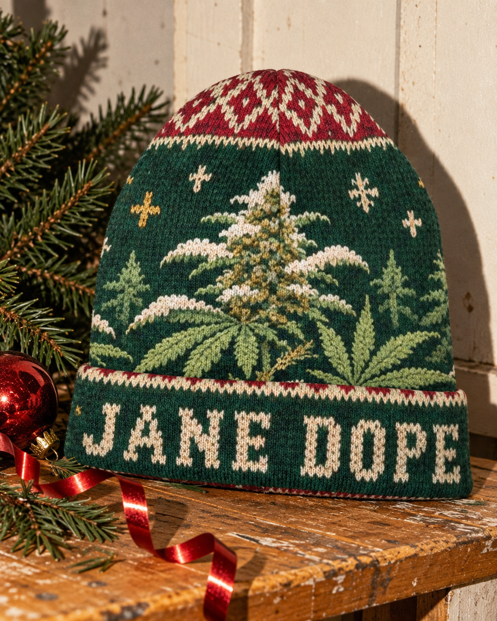 Nugs & Mistletoe green botanical beanie with cream JANE DOPE cuff on a wooden bench