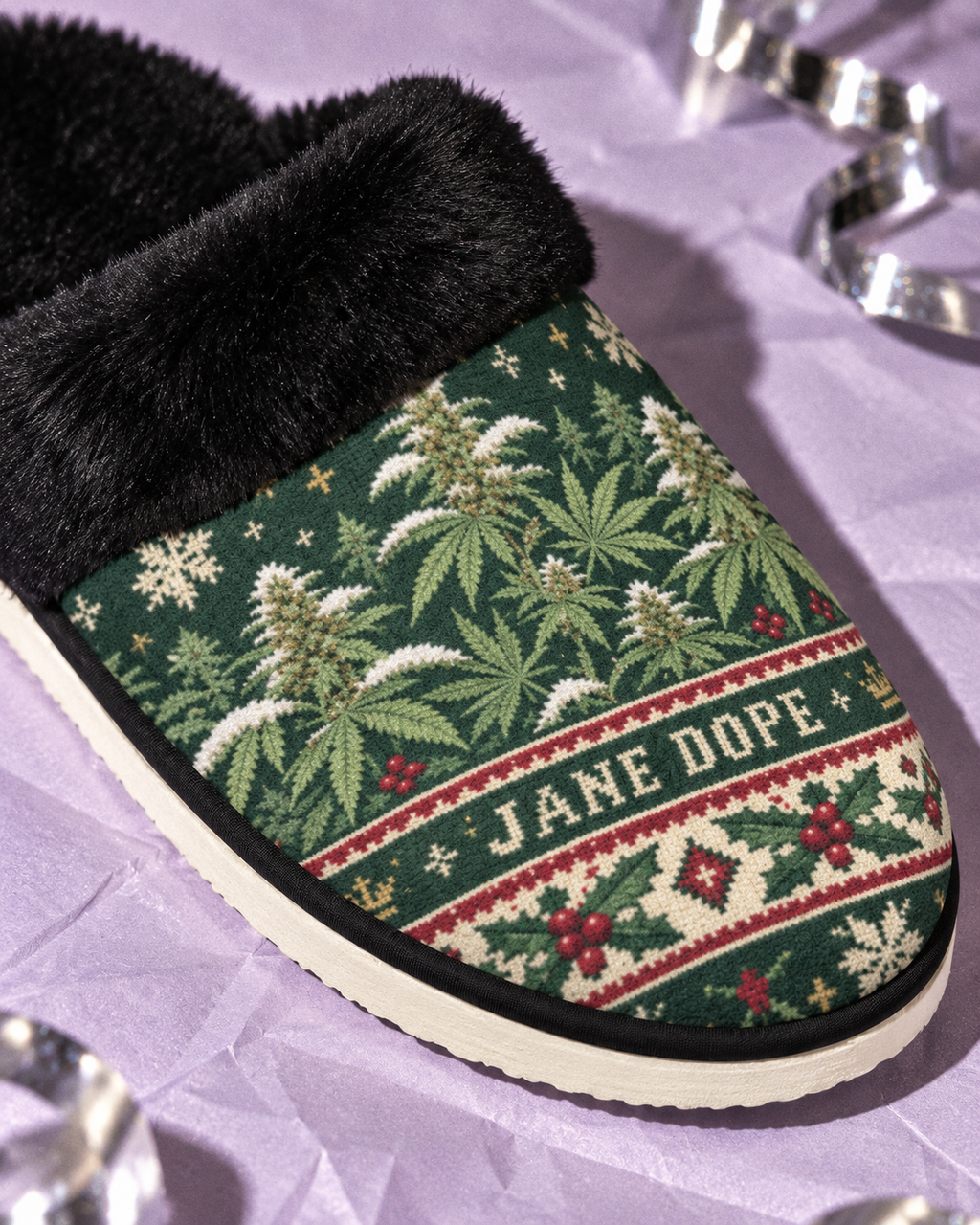 Close-up of Nugs & Mistletoe printed faux-suede upper, black faux-fur collar and cream sole