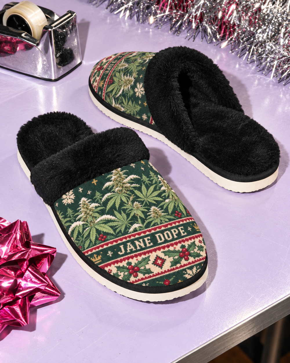 Nugs &Mistletoe Fuzzy Slippers In Black Fun Fur